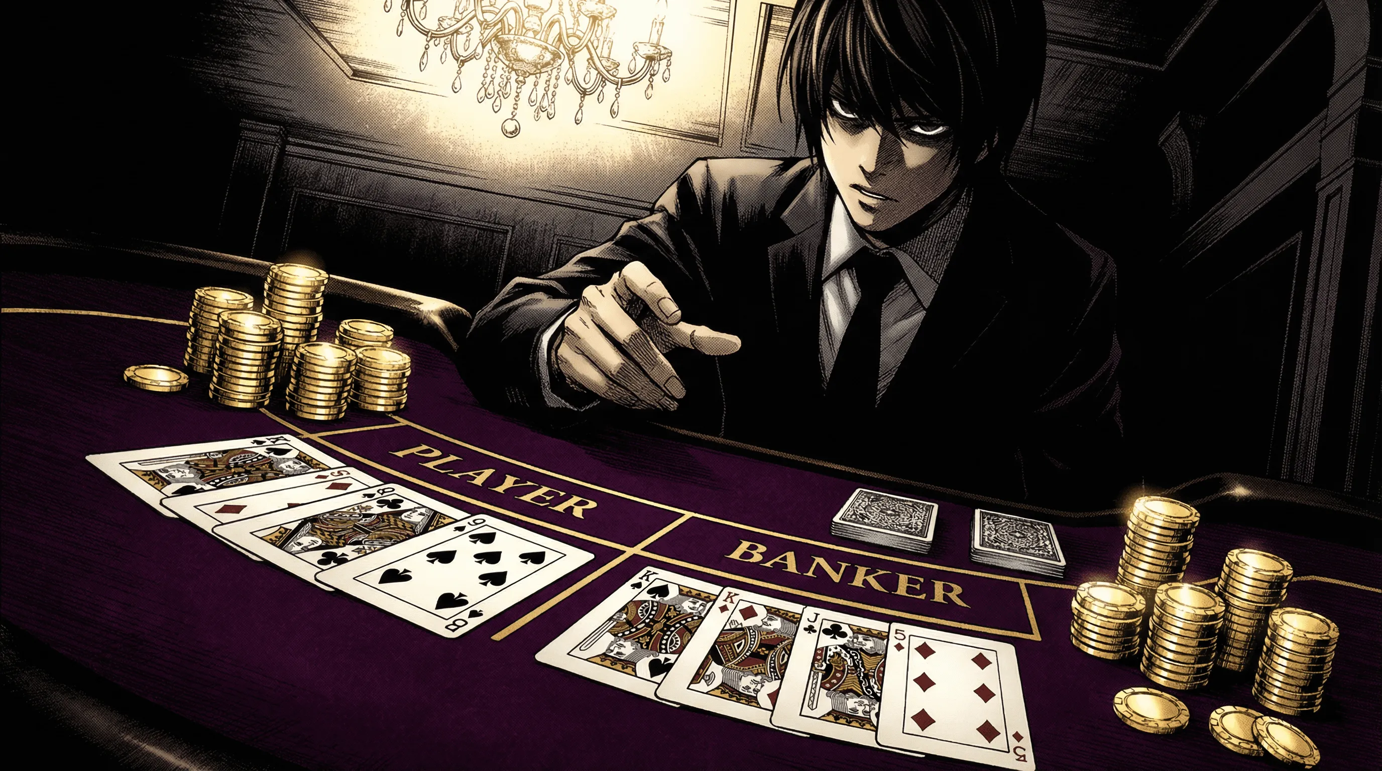 Ilustração das regras do Bacará mostrando mãos do jogador e da banca